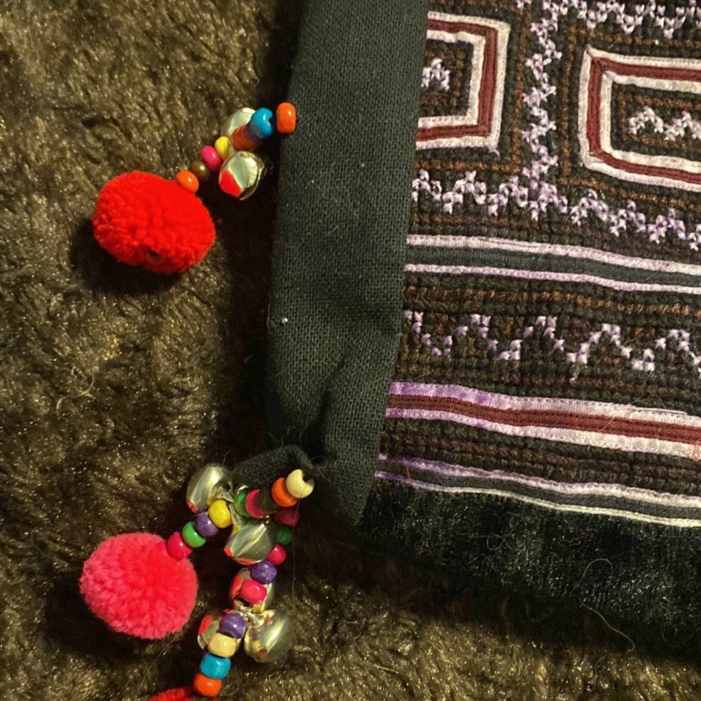 Handmade handbag from Taiwan black with print bells and pompoms adorn sides - Picture 2 of 4